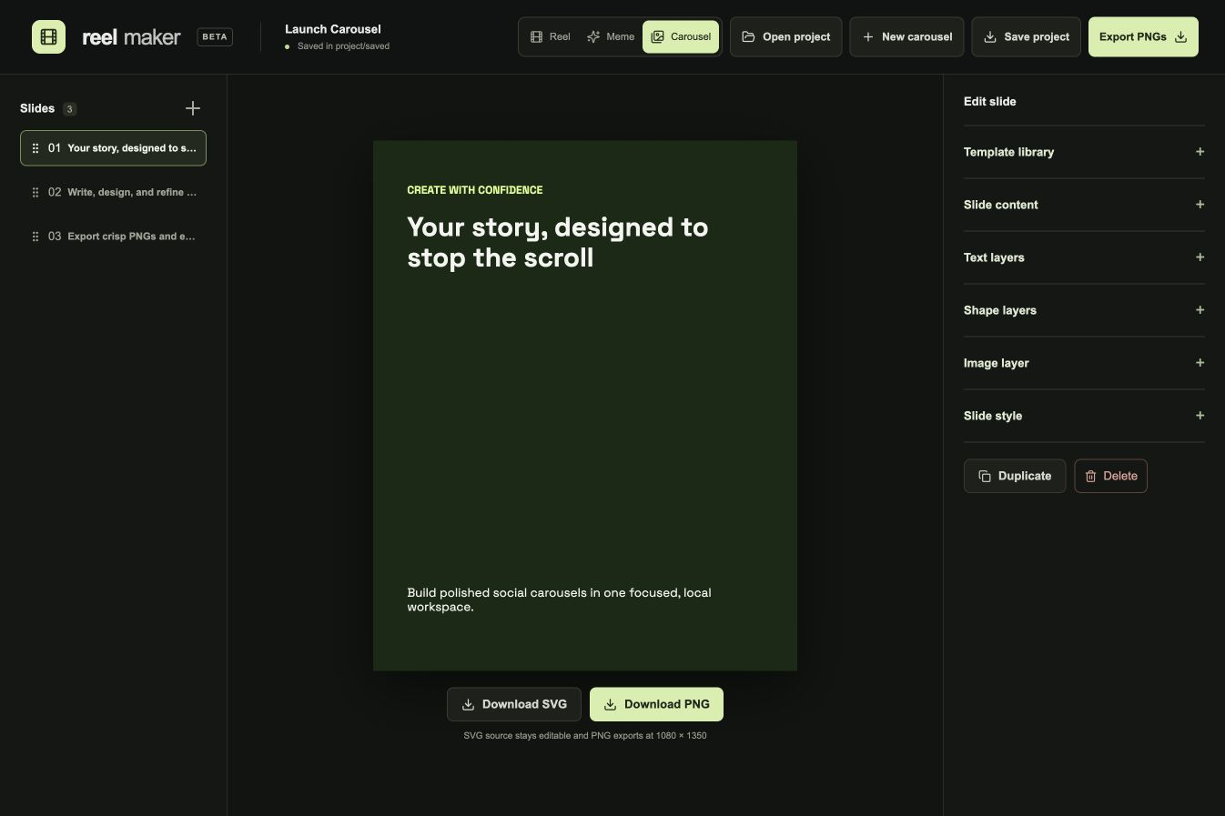Reel Maker carousel editor interface